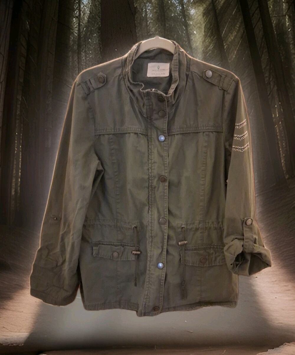 Jade & Ivory Military Style Jacket XLCoat Full Zip Snap Roll Tab Sleeves Studded